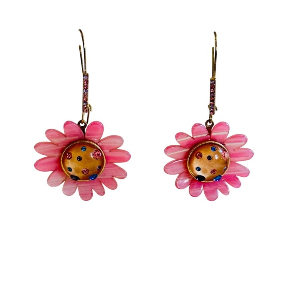 Betsey Johnson BJ‎ Enchanted Daisy Flower dangle Earrings VTG Pink Groovy Y2K